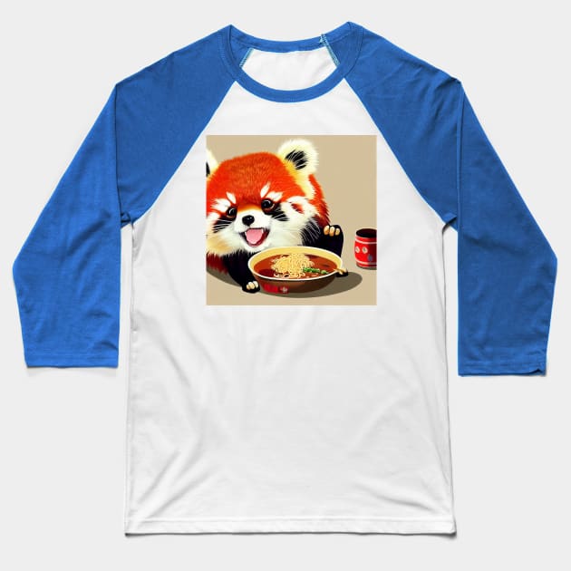 Kawaii Red Panda Eating Ramen Baseball T-Shirt by Grassroots Green